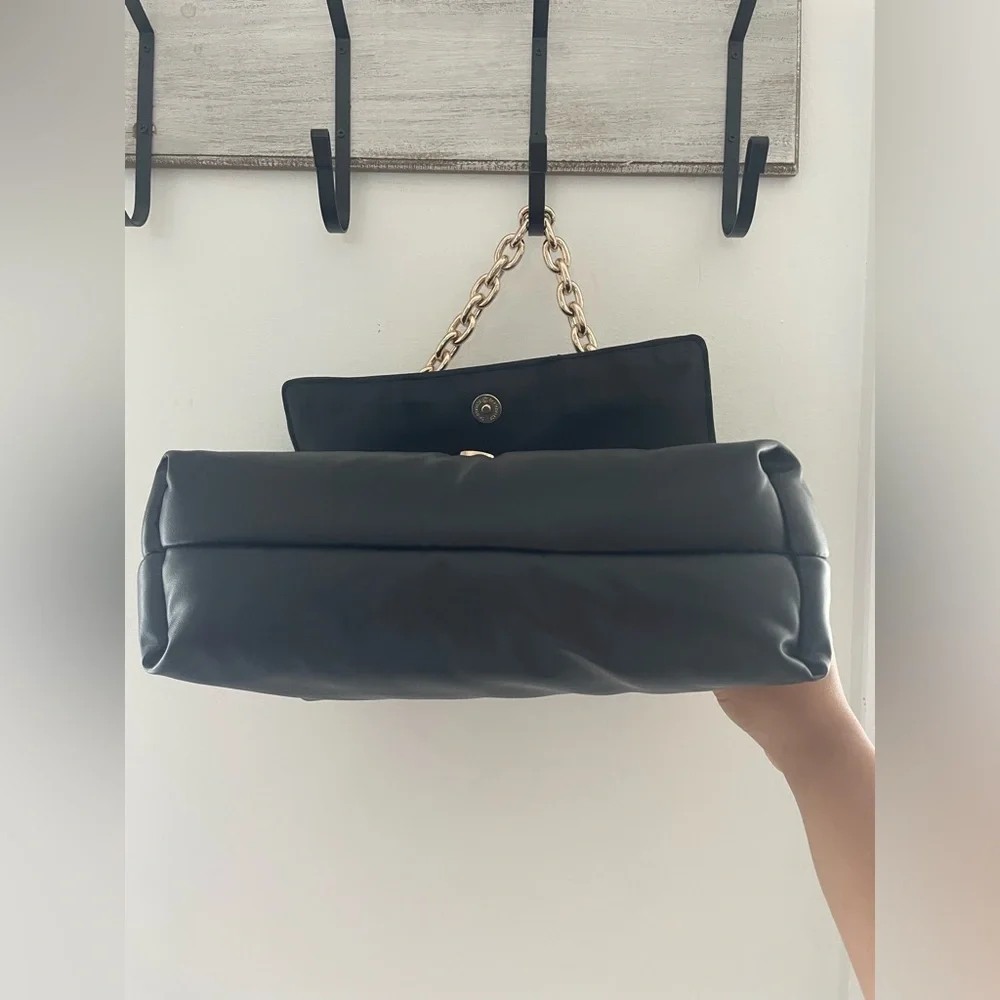 Black Quilted Puffy Vegan Leather Shoulder Bag with Gold Chain Strap - Picture 6 of 7